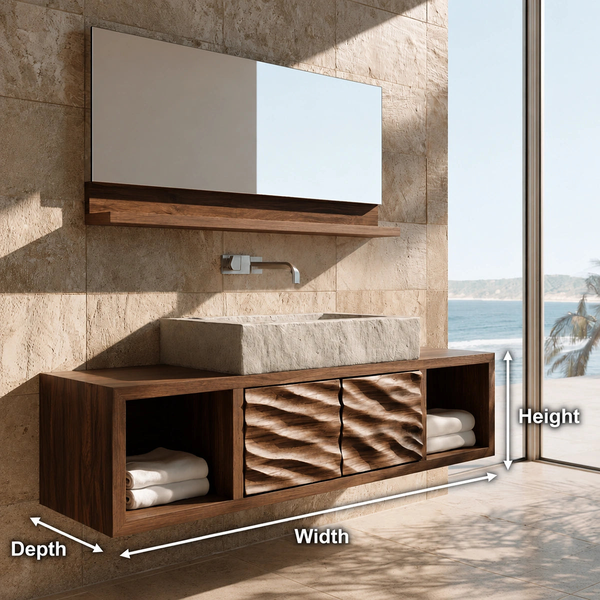 Natural Solid Wood Floating Bathroom Cabinet with 2 Doors and Open Shelf - Livewoodcraft - 9