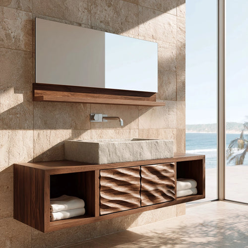 Natural Solid Wood Floating Bathroom Cabinet with 2 Doors and Open Shelf - Livewoodcraft