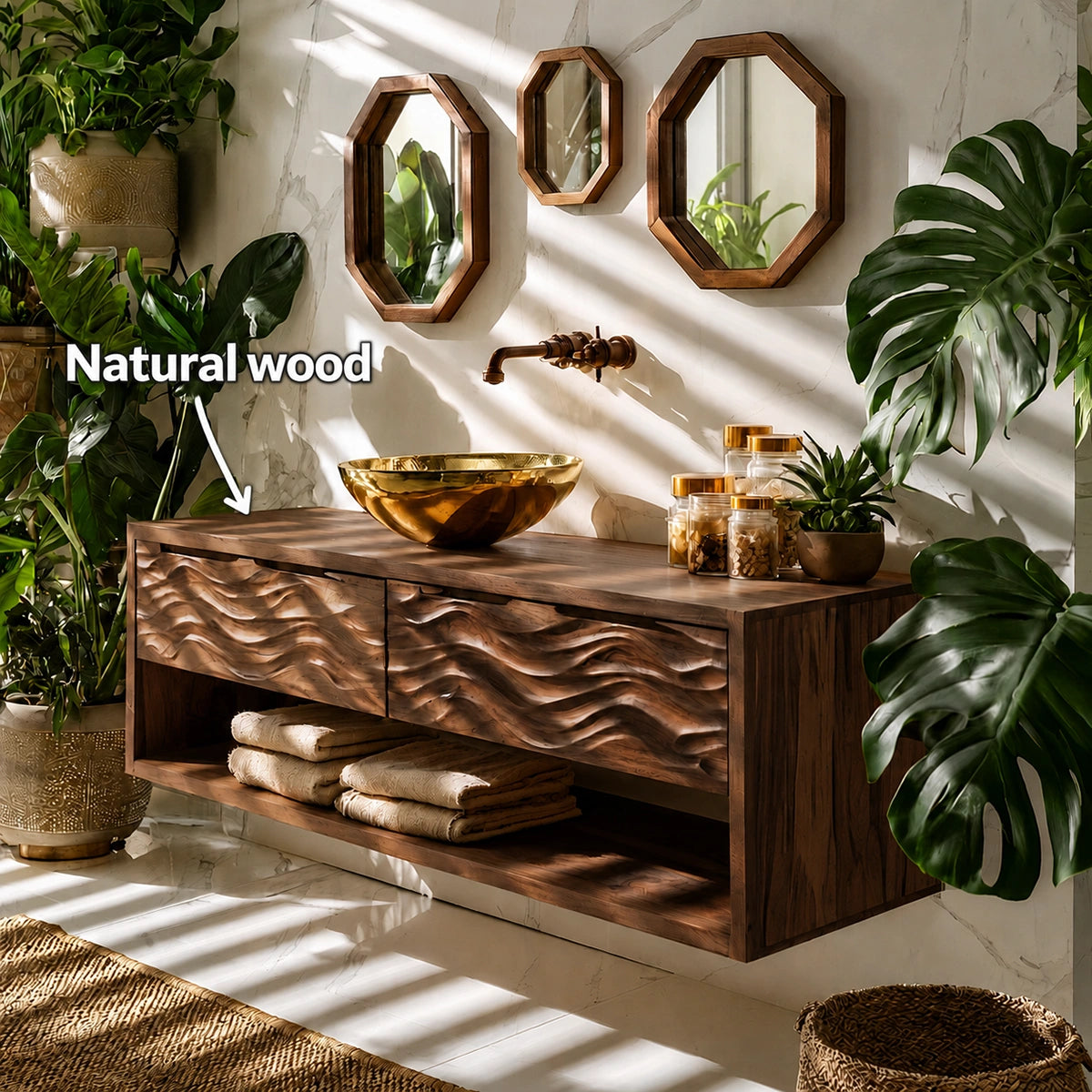 Natural Solid Wood Floating Bathroom Vanity with 2 Drawers and Open Shelf - Livewoodcraft - 10