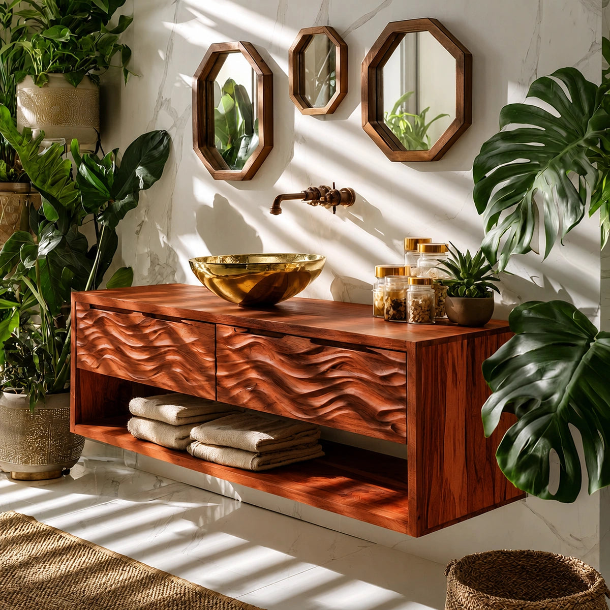 Natural Solid Wood Floating Bathroom Vanity with 2 Drawers and Open Shelf - Livewoodcraft - 2