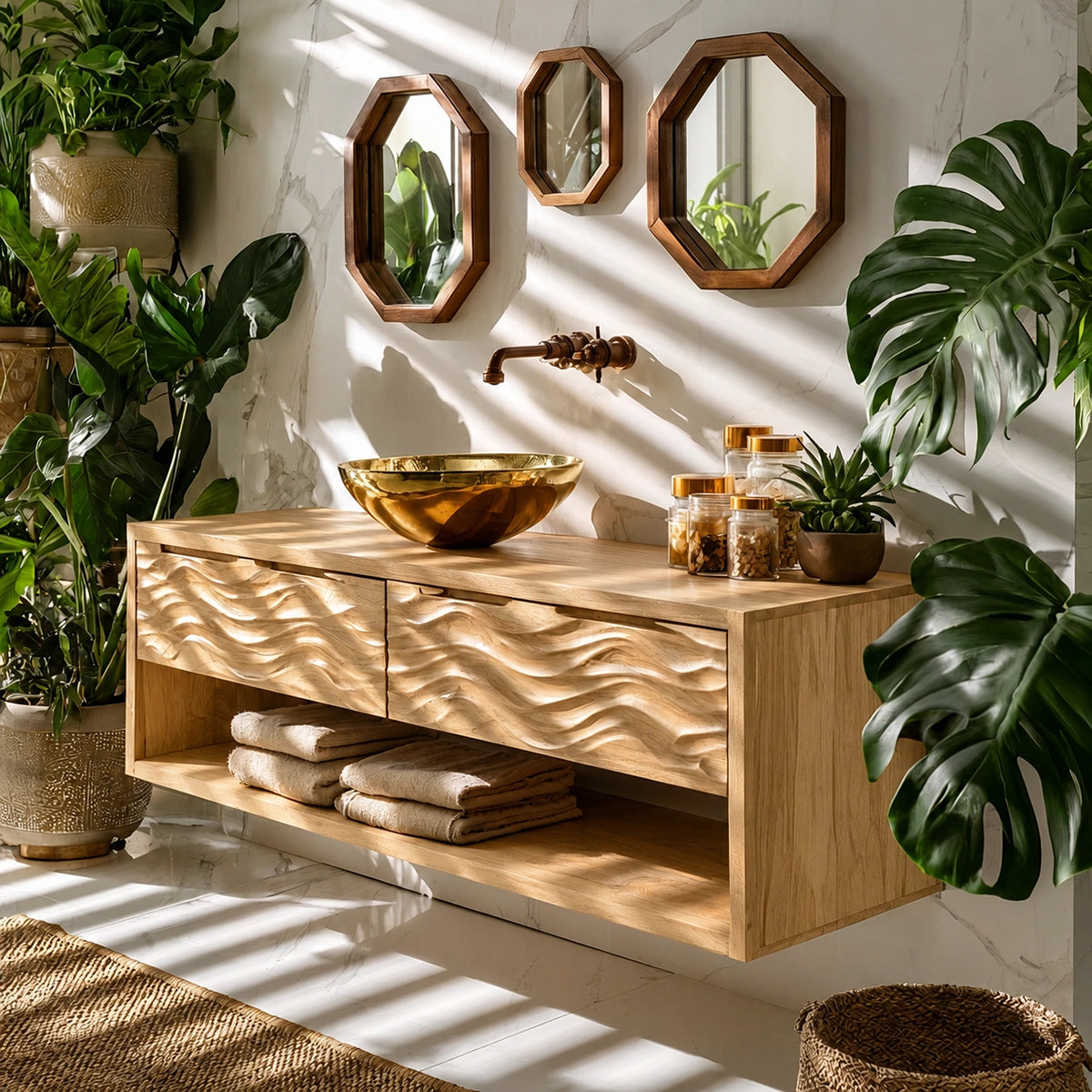 Natural Solid Wood Floating Bathroom Vanity with 2 Drawers and Open Shelf - Livewoodcraft - 3