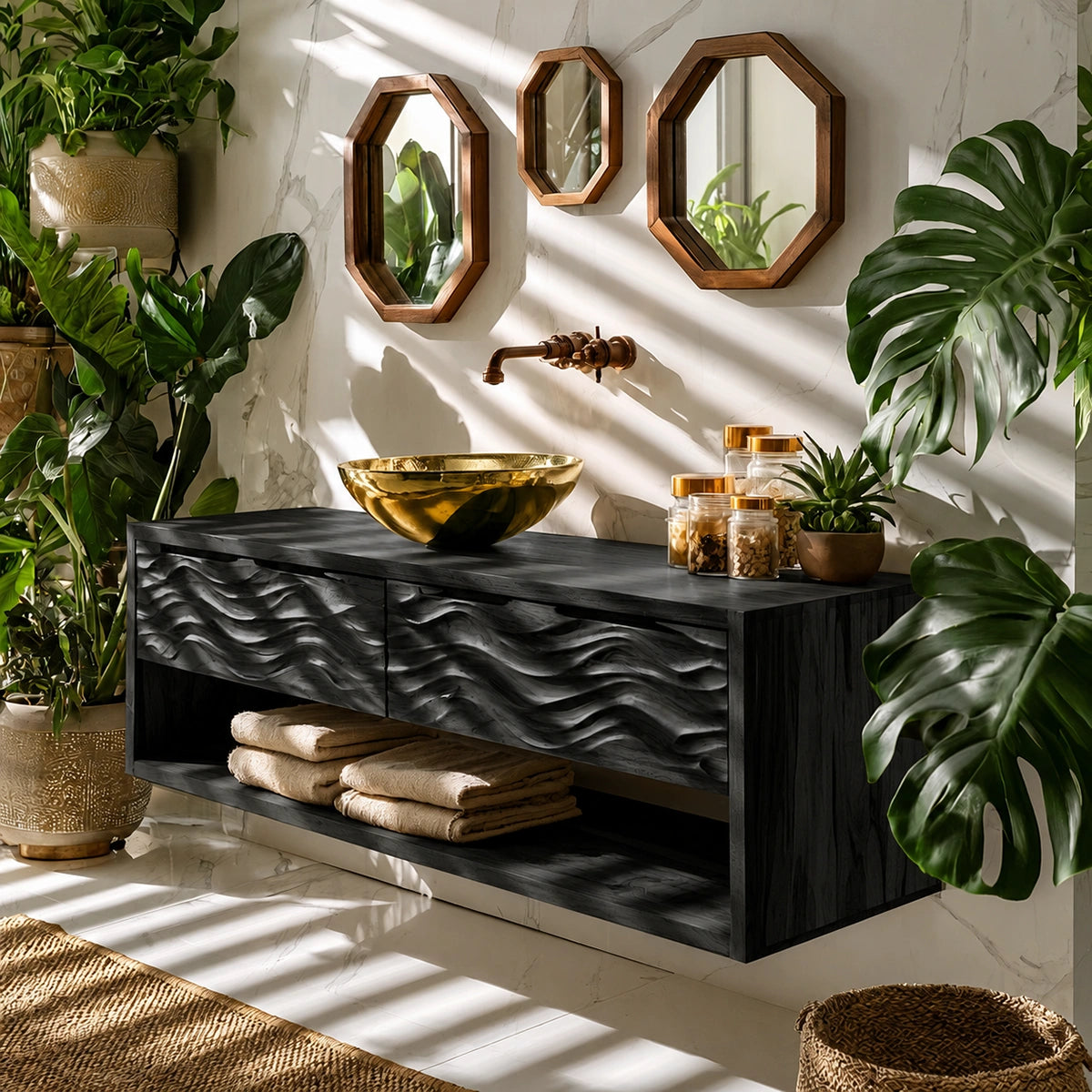 Natural Solid Wood Floating Bathroom Vanity with 2 Drawers and Open Shelf - Livewoodcraft - 4