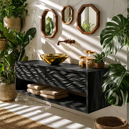 Natural Solid Wood Floating Bathroom Vanity with 2 Drawers and Open Shelf - Livewoodcraft - 4
