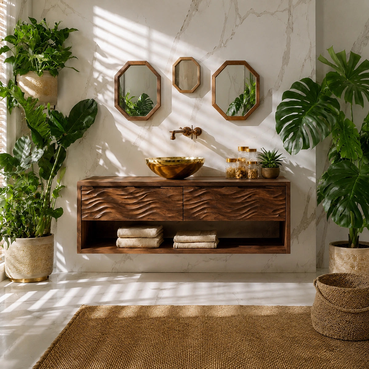 Natural Solid Wood Floating Bathroom Vanity with 2 Drawers and Open Shelf - Livewoodcraft - 6