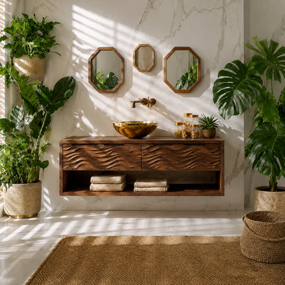 Natural Solid Wood Floating Bathroom Vanity with 2 Drawers and Open Shelf - Livewoodcraft - 6