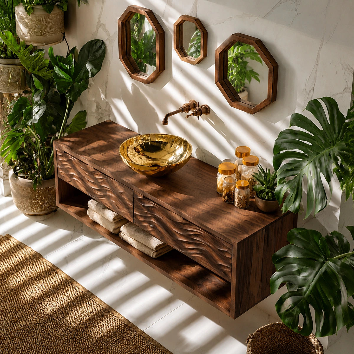 Natural Solid Wood Floating Bathroom Vanity with 2 Drawers and Open Shelf - Livewoodcraft - 7