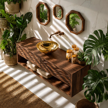 Natural Solid Wood Floating Bathroom Vanity with 2 Drawers and Open Shelf - Livewoodcraft - 7