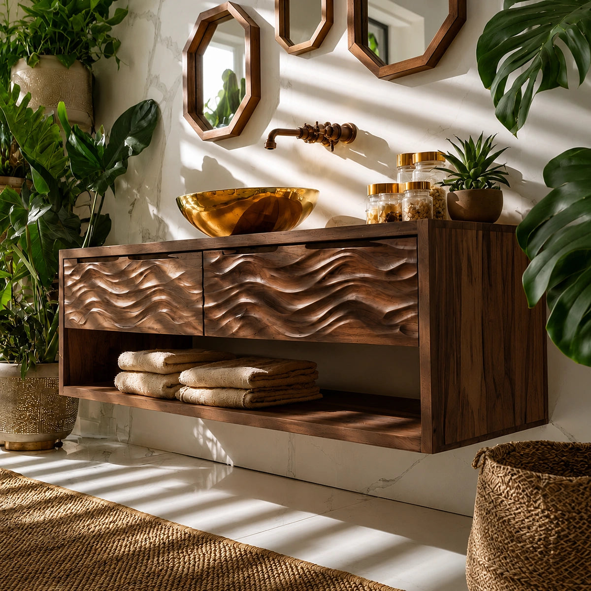 Natural Solid Wood Floating Bathroom Vanity with 2 Drawers and Open Shelf - Livewoodcraft - 8