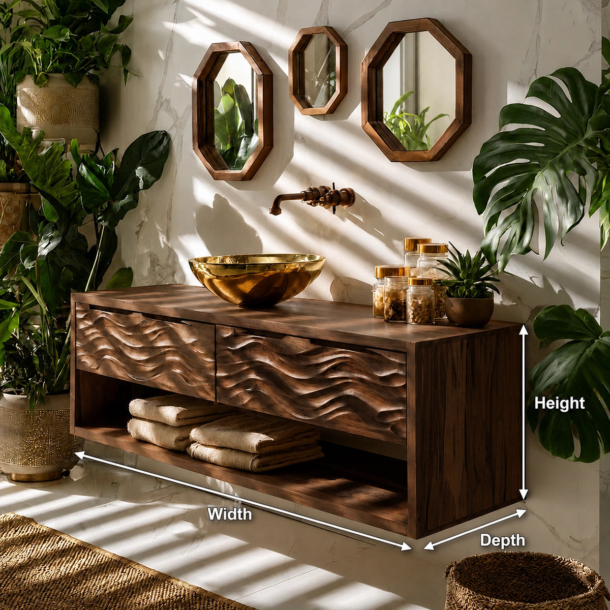 Natural Solid Wood Floating Bathroom Vanity with 2 Drawers and Open Shelf - Livewoodcraft - 9