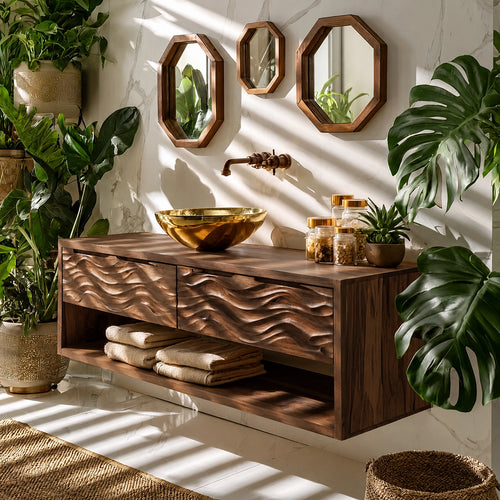 Natural Solid Wood Floating Bathroom Vanity with 2 Drawers and Open Shelf - Livewoodcraft