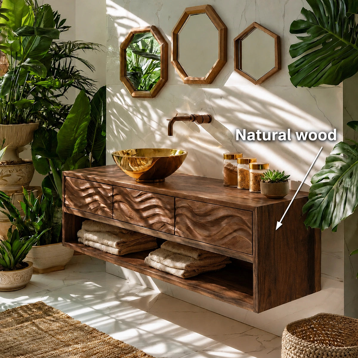 Natural Solid Wood Floating Bathroom Vanity with 3 Drawers and Open Shelf - Livewoodcraft - 10