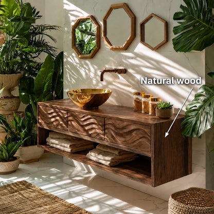 Natural Solid Wood Floating Bathroom Vanity with 3 Drawers and Open Shelf - Livewoodcraft - 10