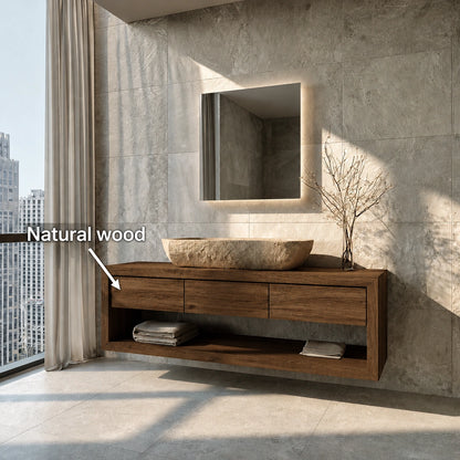 Natural Solid Wood Floating Bathroom Vanity with 3 Drawers and Open Shelf - Livewoodcraft - 1376 - 10