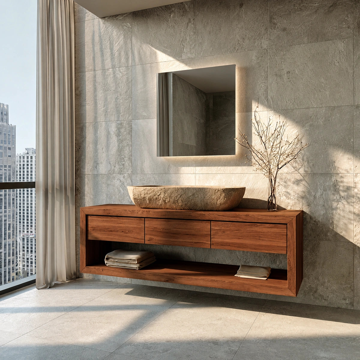 Natural Solid Wood Floating Bathroom Vanity with 3 Drawers and Open Shelf - Livewoodcraft - 1376 - 2