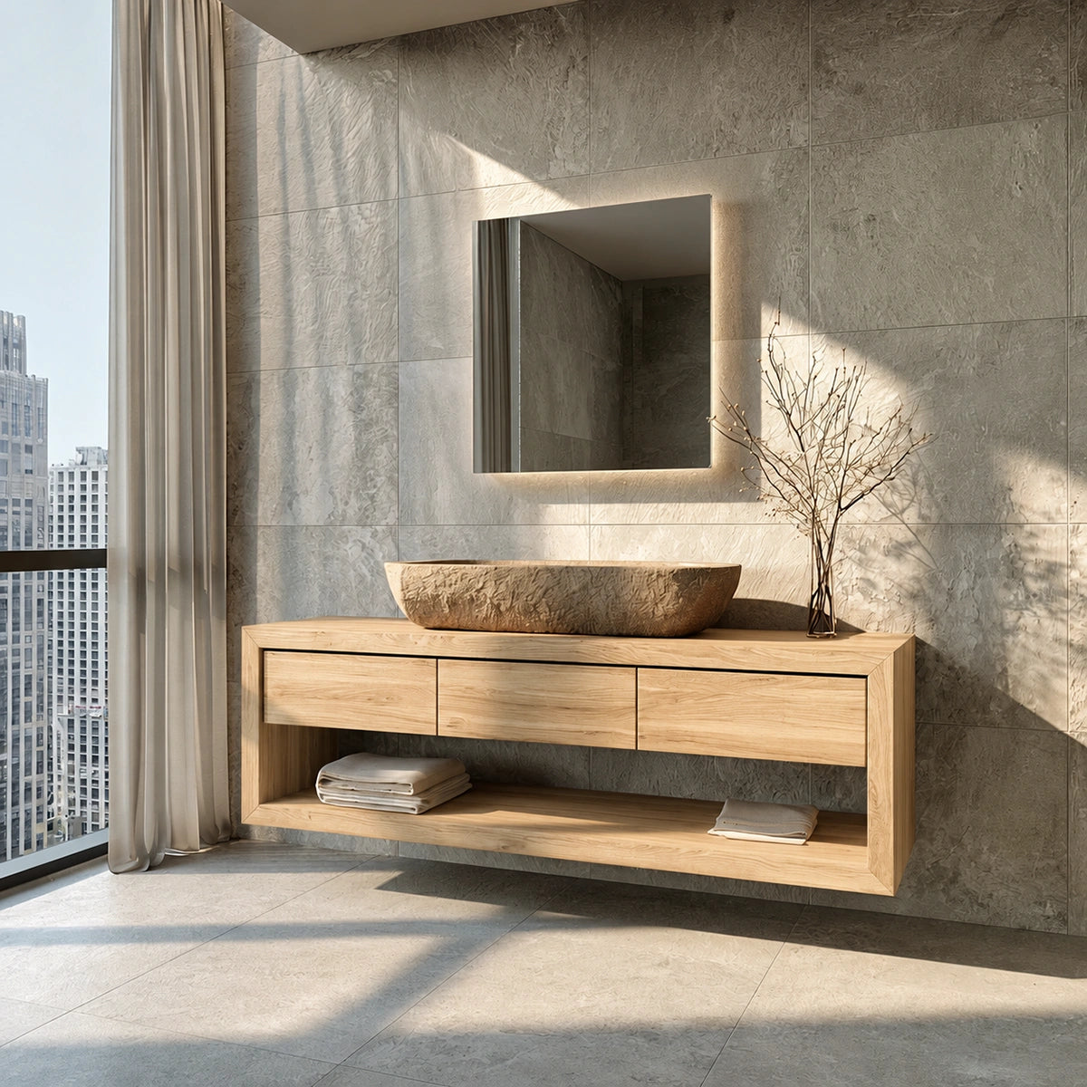 Natural Solid Wood Floating Bathroom Vanity with 3 Drawers and Open Shelf - Livewoodcraft - 1376 - 3