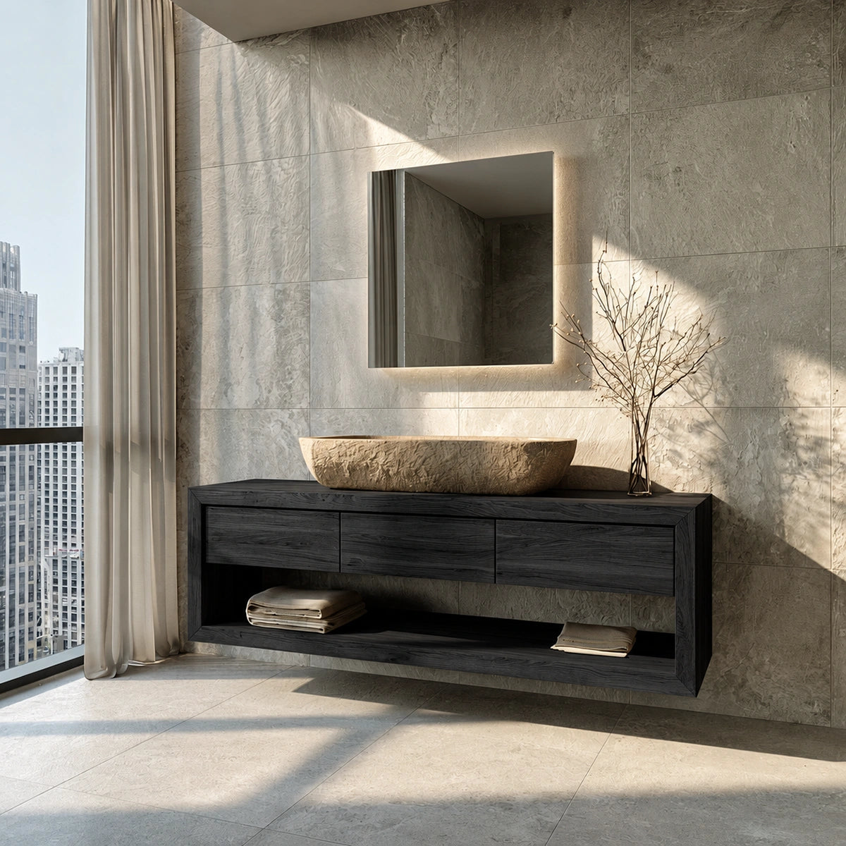 Natural Solid Wood Floating Bathroom Vanity with 3 Drawers and Open Shelf - Livewoodcraft - 1376 - 4