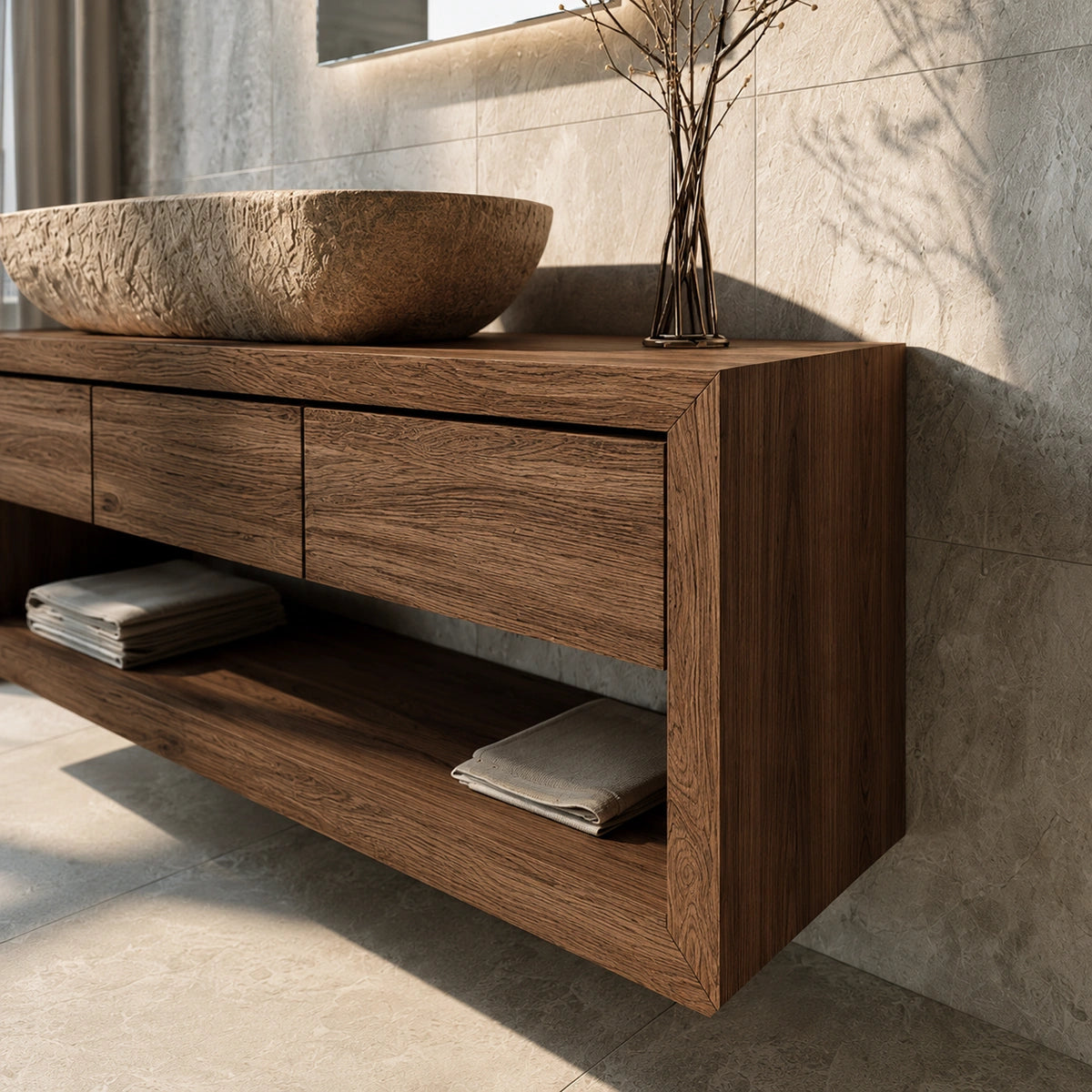 Natural Solid Wood Floating Bathroom Vanity with 3 Drawers and Open Shelf - Livewoodcraft - 1376 - 5