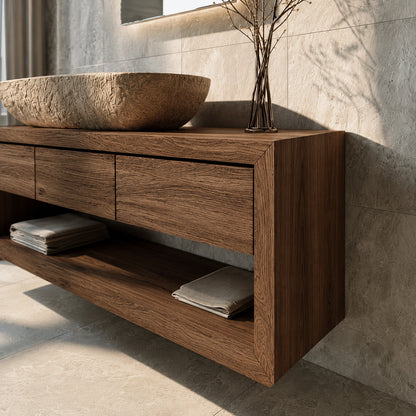 Natural Solid Wood Floating Bathroom Vanity with 3 Drawers and Open Shelf - Livewoodcraft - 1376 - 5