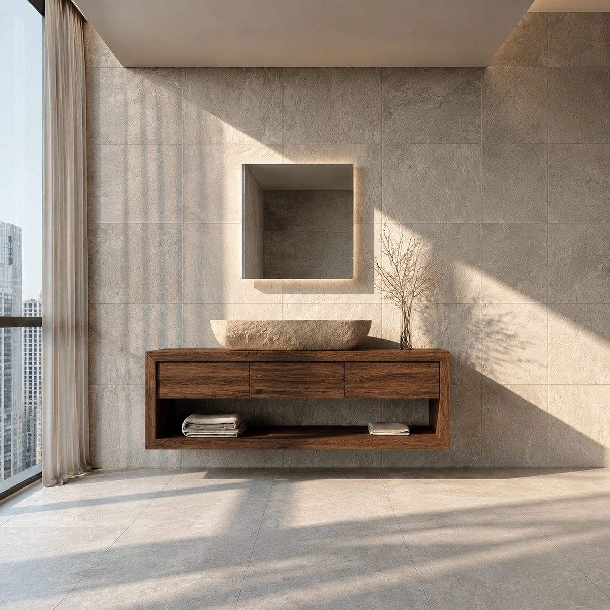 Natural Solid Wood Floating Bathroom Vanity with 3 Drawers and Open Shelf - Livewoodcraft - 1376 - 6