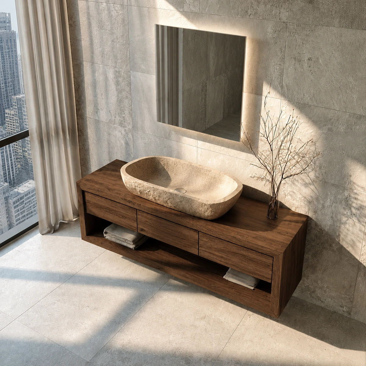 Natural Solid Wood Floating Bathroom Vanity with 3 Drawers and Open Shelf - Livewoodcraft - 1376 - 7