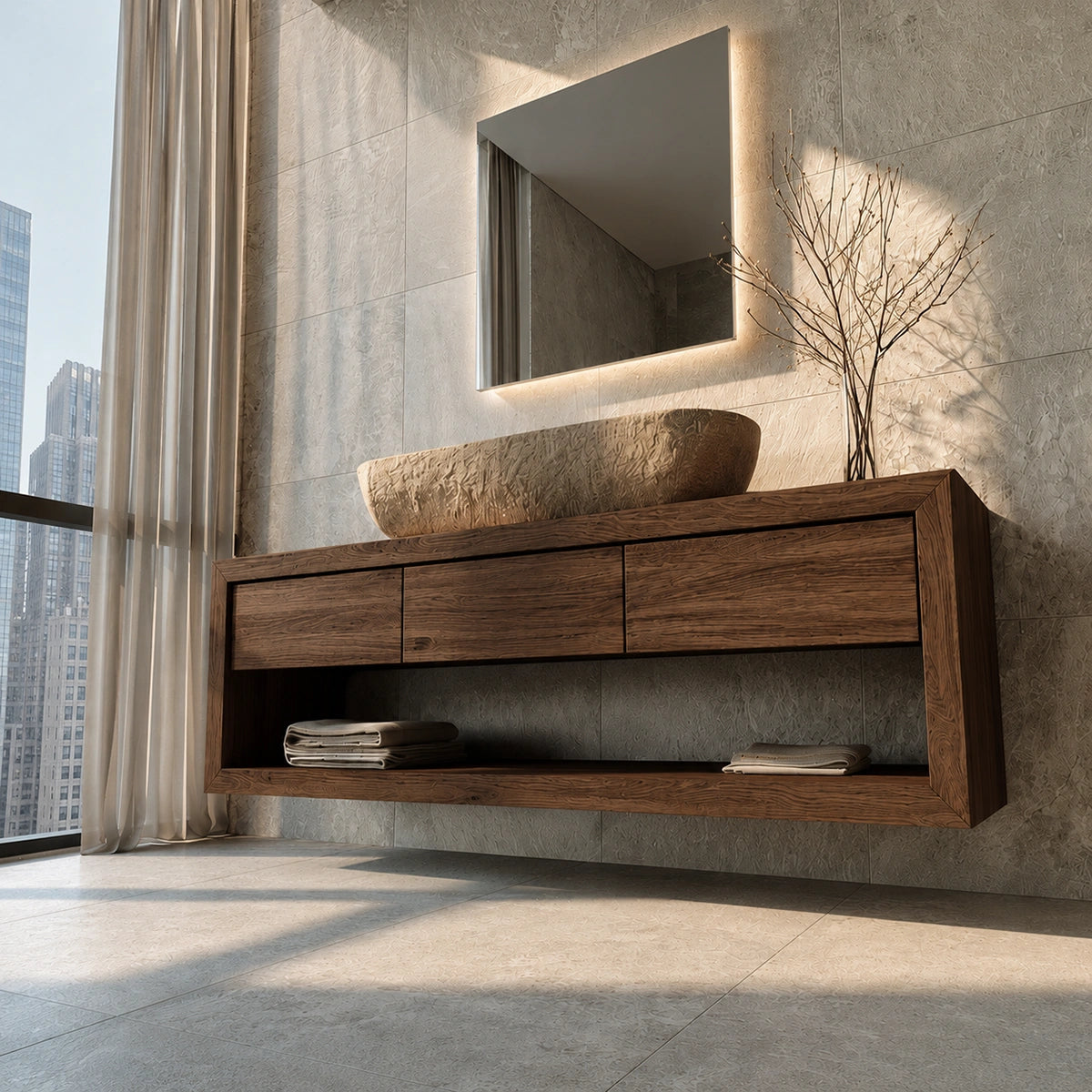 Natural Solid Wood Floating Bathroom Vanity with 3 Drawers and Open Shelf - Livewoodcraft - 1376 - 8