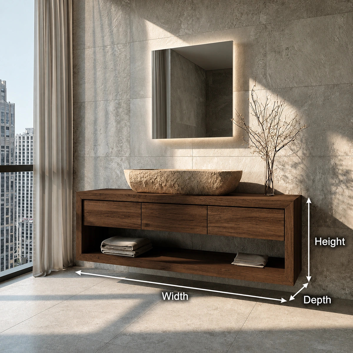 Natural Solid Wood Floating Bathroom Vanity with 3 Drawers and Open Shelf - Livewoodcraft - 1376 - 9