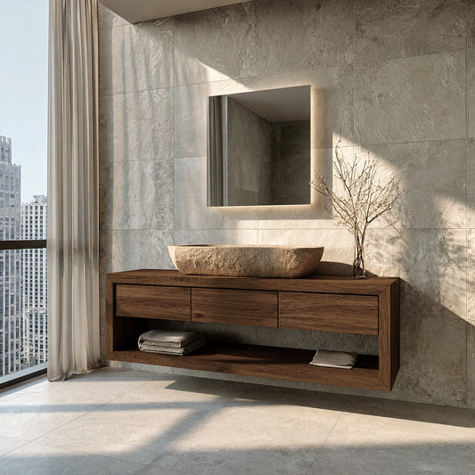 Natural Solid Wood Floating Bathroom Vanity with 3 Drawers and Open Shelf - Livewoodcraft - 1376