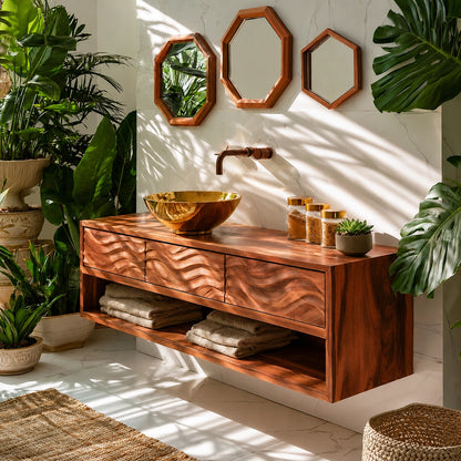 Natural Solid Wood Floating Bathroom Vanity with 3 Drawers and Open Shelf - Livewoodcraft - 2