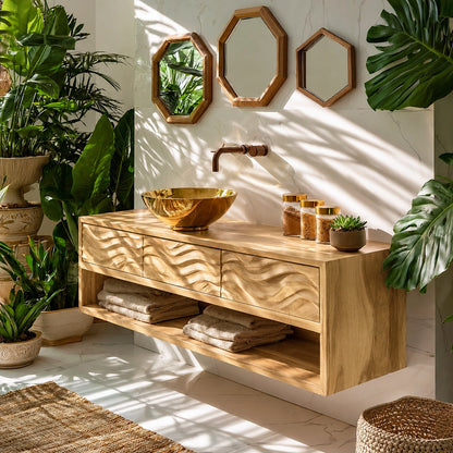 Natural Solid Wood Floating Bathroom Vanity with 3 Drawers and Open Shelf - Livewoodcraft - 3