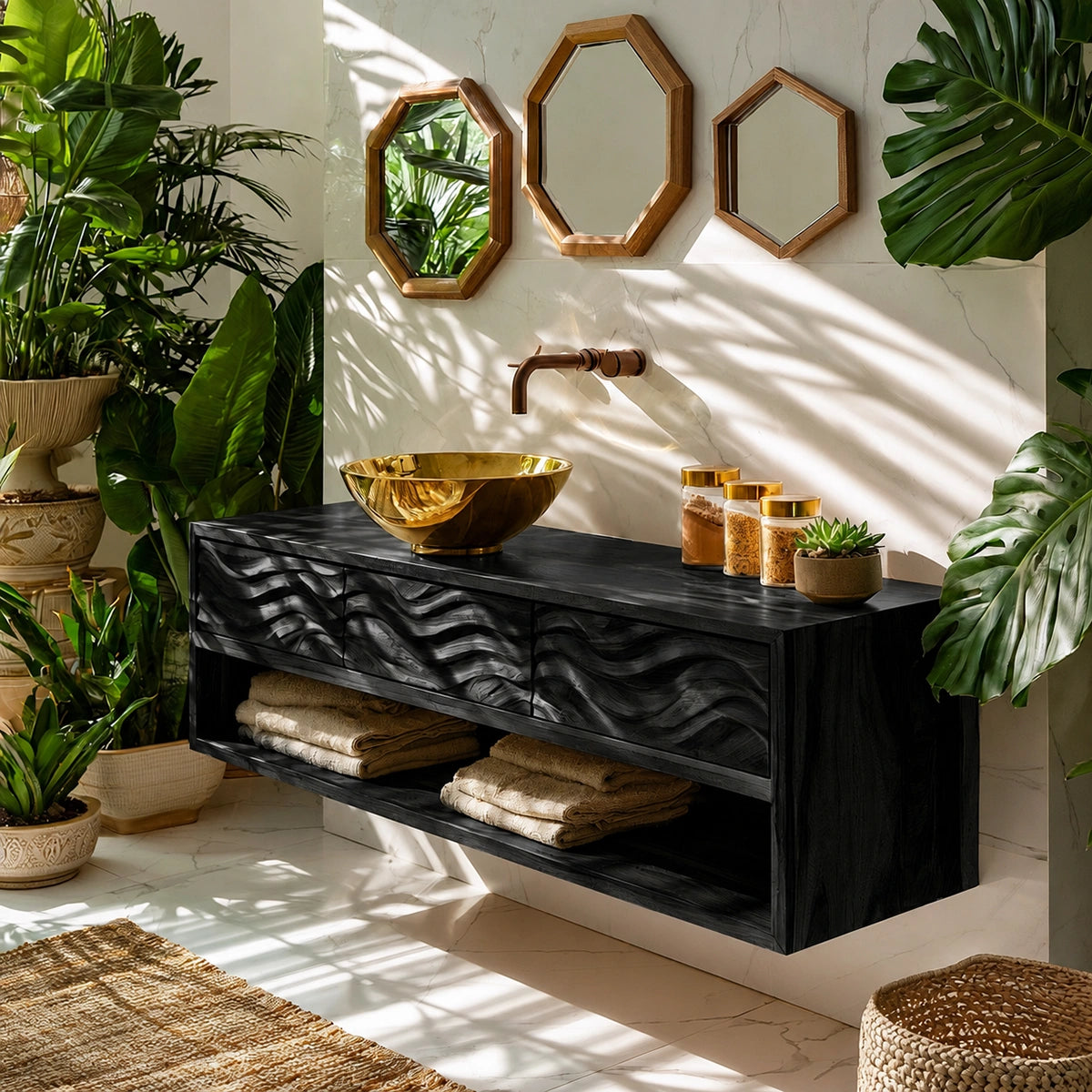 Natural Solid Wood Floating Bathroom Vanity with 3 Drawers and Open Shelf - Livewoodcraft - 4