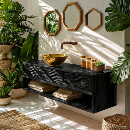 Natural Solid Wood Floating Bathroom Vanity with 3 Drawers and Open Shelf - Livewoodcraft - 4