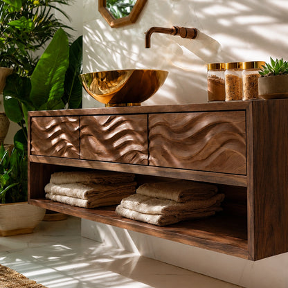 Natural Solid Wood Floating Bathroom Vanity with 3 Drawers and Open Shelf - Livewoodcraft - 5