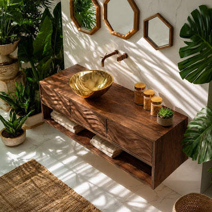 Natural Solid Wood Floating Bathroom Vanity with 3 Drawers and Open Shelf - Livewoodcraft - 7