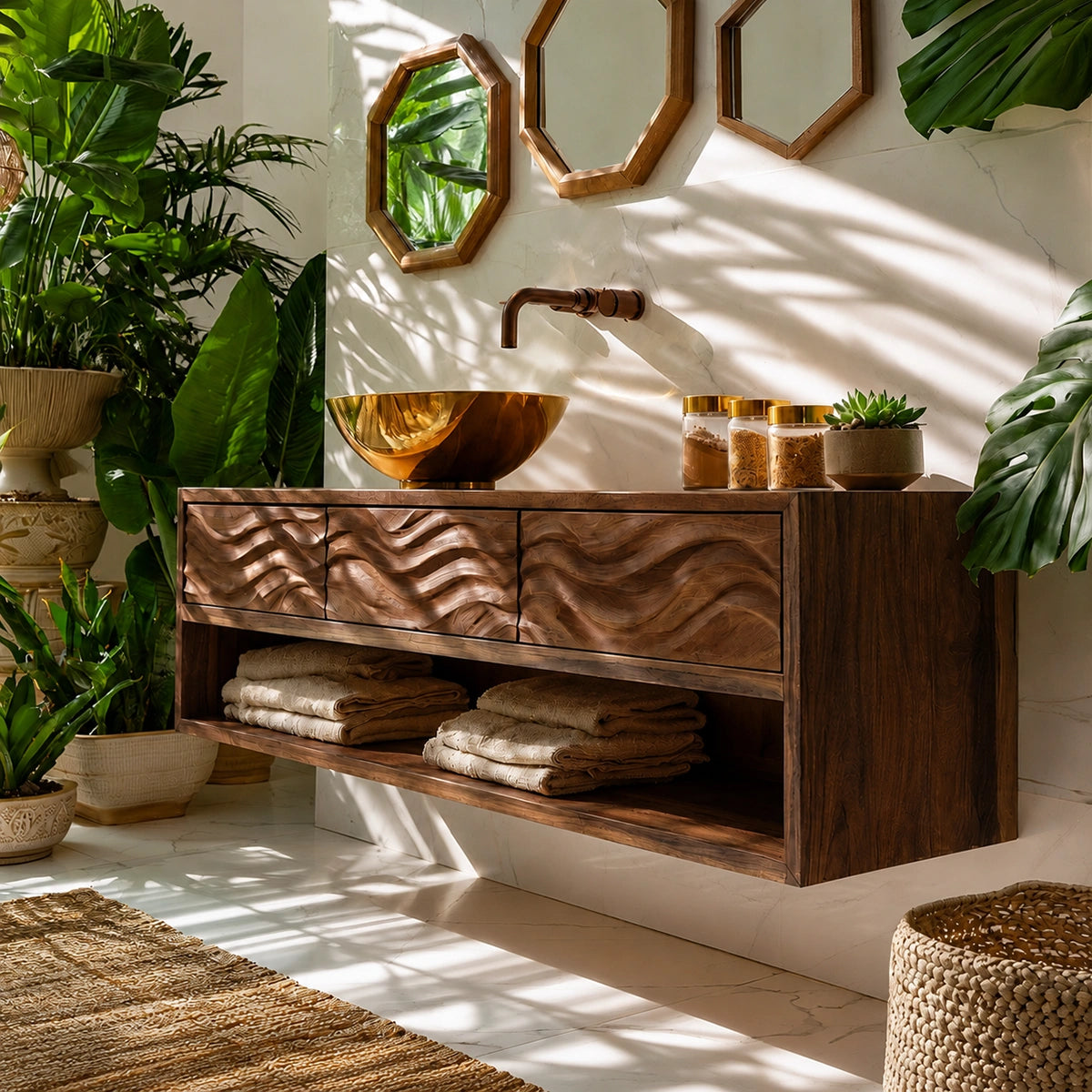 Natural Solid Wood Floating Bathroom Vanity with 3 Drawers and Open Shelf - Livewoodcraft - 8