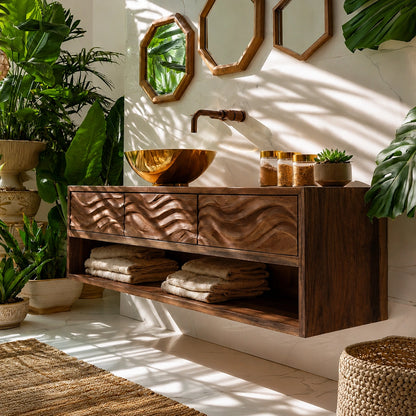 Natural Solid Wood Floating Bathroom Vanity with 3 Drawers and Open Shelf - Livewoodcraft - 8