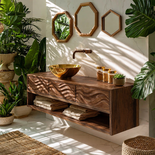 Natural Solid Wood Floating Bathroom Vanity with 3 Drawers and Open Shelf - Livewoodcraft
