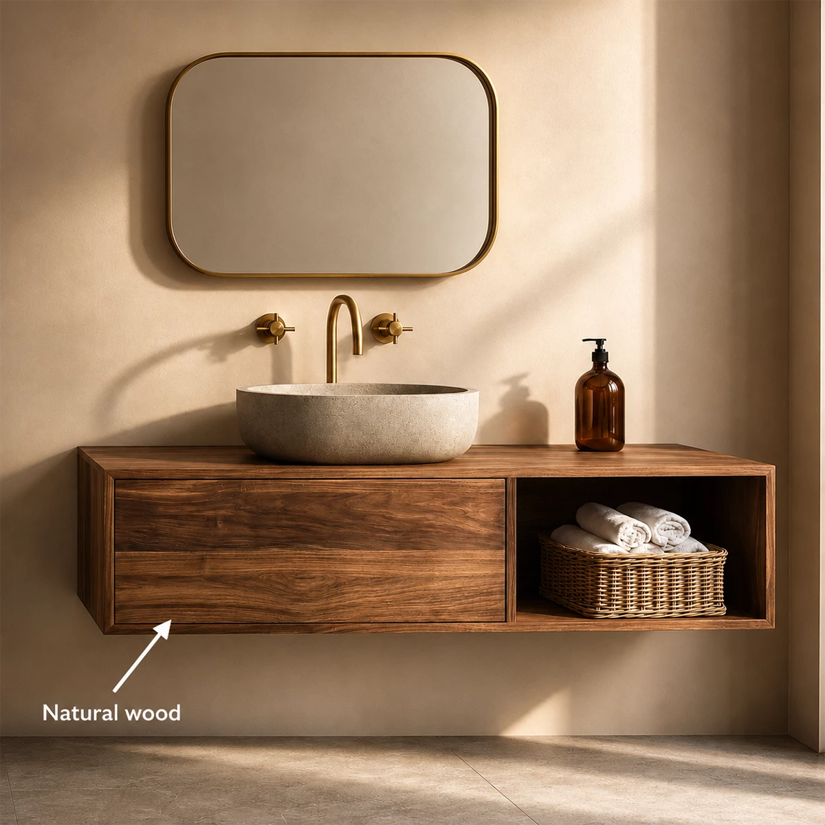Natural Solid Wood Floating Bathroom Vanity with Concealed Storage and Open Shelf - Livewoodcraft - 10