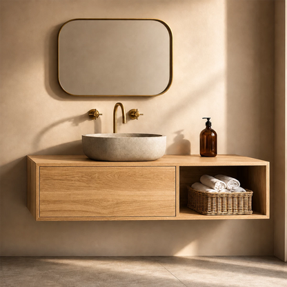 Natural Solid Wood Floating Bathroom Vanity with Concealed Storage and Open Shelf - Livewoodcraft - 2