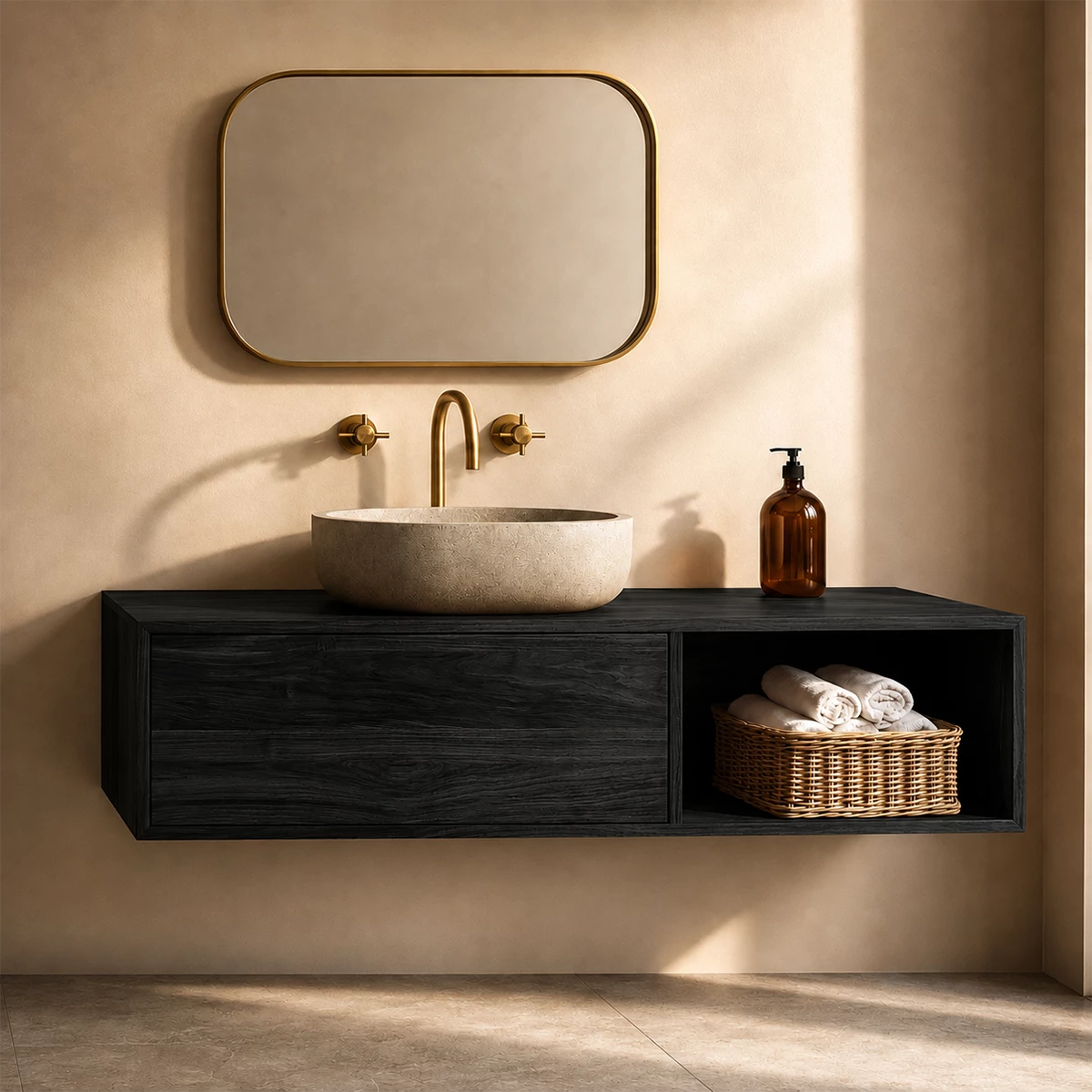Natural Solid Wood Floating Bathroom Vanity with Concealed Storage and Open Shelf - Livewoodcraft - 3