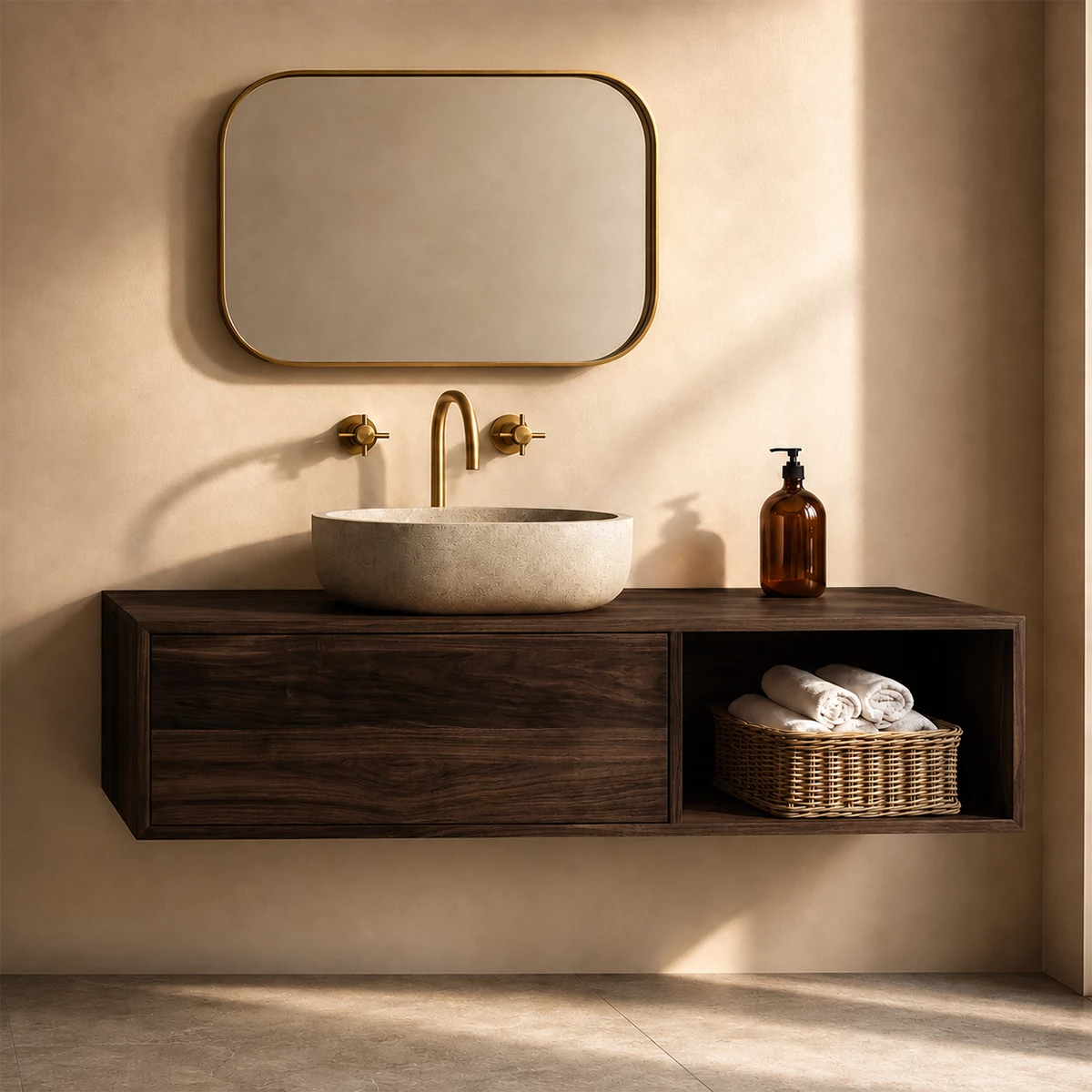 Natural Solid Wood Floating Bathroom Vanity with Concealed Storage and Open Shelf - Livewoodcraft - 4
