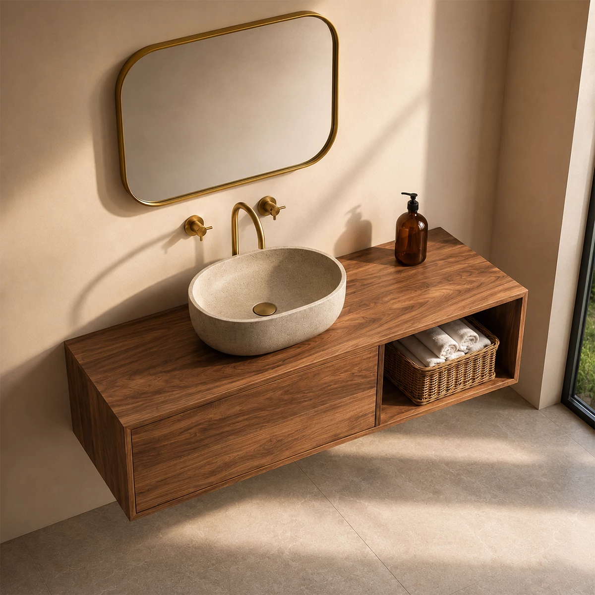 Natural Solid Wood Floating Bathroom Vanity with Concealed Storage and Open Shelf - Livewoodcraft - 6