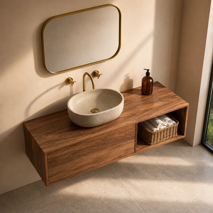 Natural Solid Wood Floating Bathroom Vanity with Concealed Storage and Open Shelf - Livewoodcraft - 6