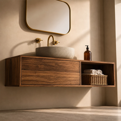 Natural Solid Wood Floating Bathroom Vanity with Concealed Storage and Open Shelf - Livewoodcraft - 7