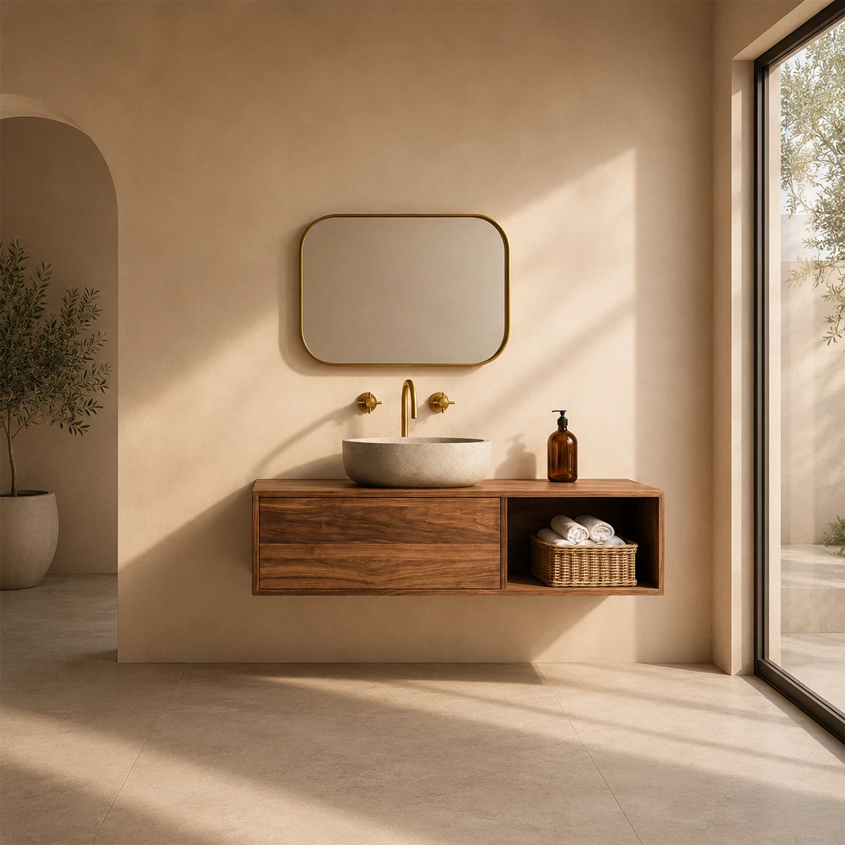 Natural Solid Wood Floating Bathroom Vanity with Concealed Storage and Open Shelf - Livewoodcraft - 8