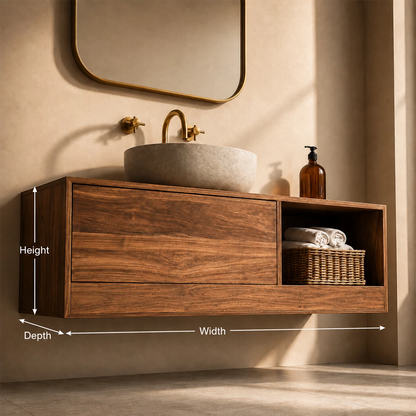 Natural Solid Wood Floating Bathroom Vanity with Concealed Storage and Open Shelf - Livewoodcraft - 9