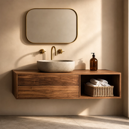 Natural Solid Wood Floating Bathroom Vanity with Concealed Storage and Open Shelf - Livewoodcraft