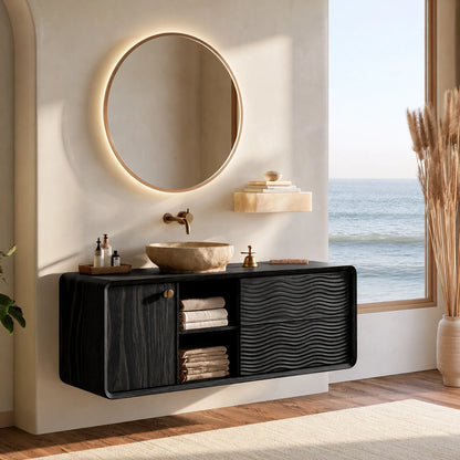 Natural Solid Wood Floating Bathroom Vanity with Door, Shelves and 2 Drawers - Livewoodcraft - 4