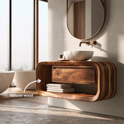 Natural Solid Wood Floating Bathroom Vanity with Drawer and Open Shelf - Livewoodcraft - 11