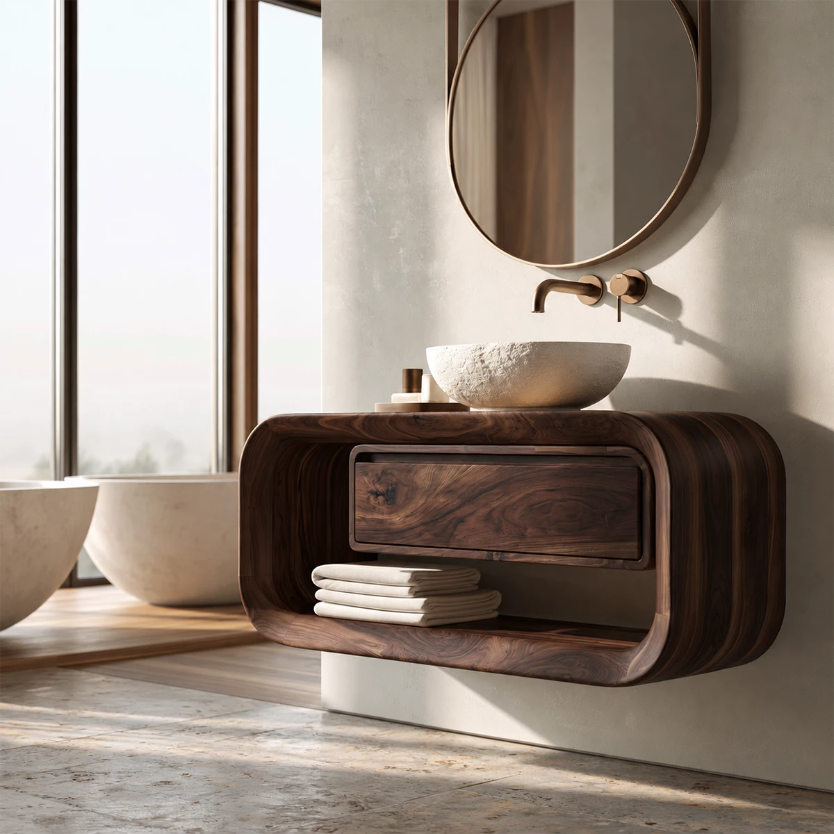 Natural Solid Wood Floating Bathroom Vanity with Drawer and Open Shelf - Livewoodcraft - 2