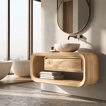 Natural Solid Wood Floating Bathroom Vanity with Drawer and Open Shelf - Livewoodcraft - 4
